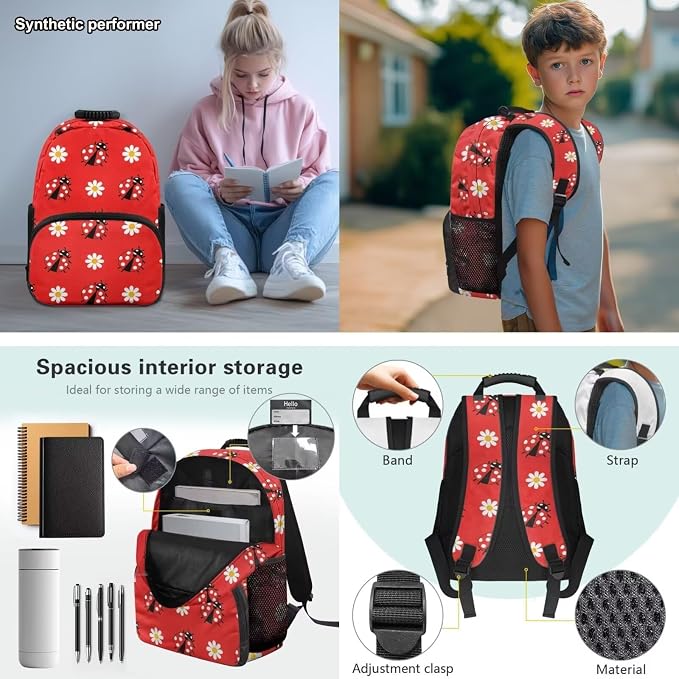 Ladybug Girls Backpack Set 4 PCS, 17 Inch Daisy Floral School Bag with Insulated Lunch Bag for Elementary Kids Ages 6-8 Back to School Gift, Red Back Packs