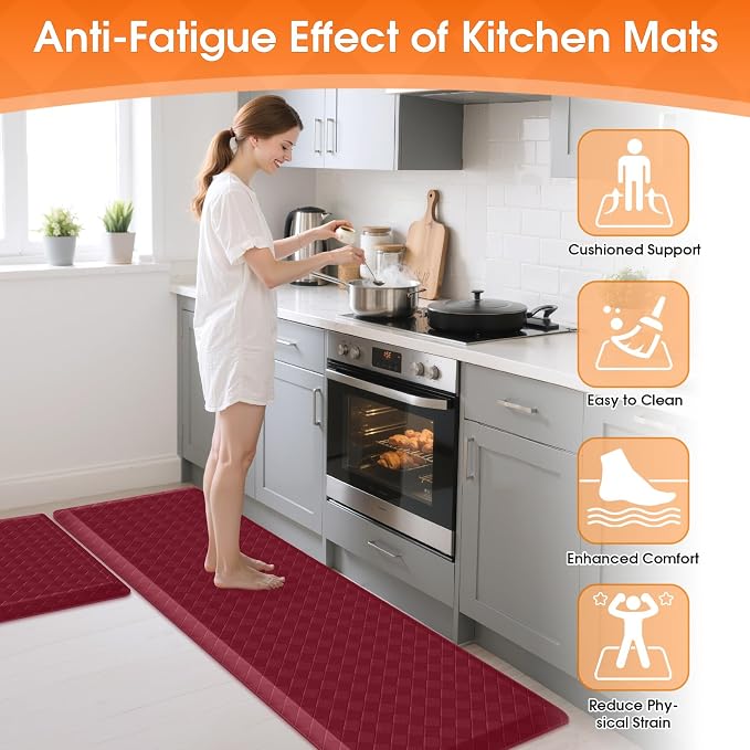 TranquilRelax 4/5 Inch Thick 2-Piece Anti-Fatigue Kitchen Mats, Cushioned Non-Slip Waterproof Sink & Stove Floor Mats, Comfortable Standing Rug Set for Kitchen, Laundry & Entryway, Red