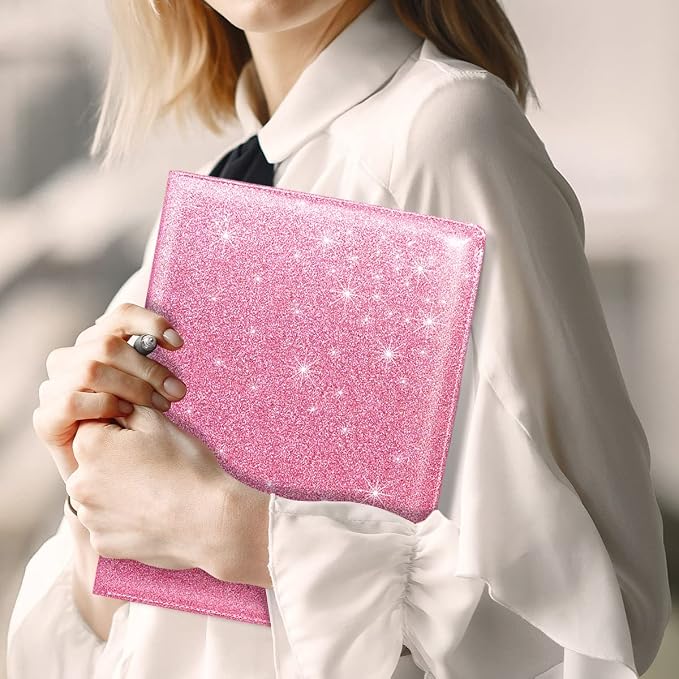 Padfolio Business/Resume Portfolio Folder, Leather Interview Portfolio Business Portfolio Portfolio Organizer with Legal Pad Folder Clipboard,Interview Folder for Men/Women, Glitter Pink