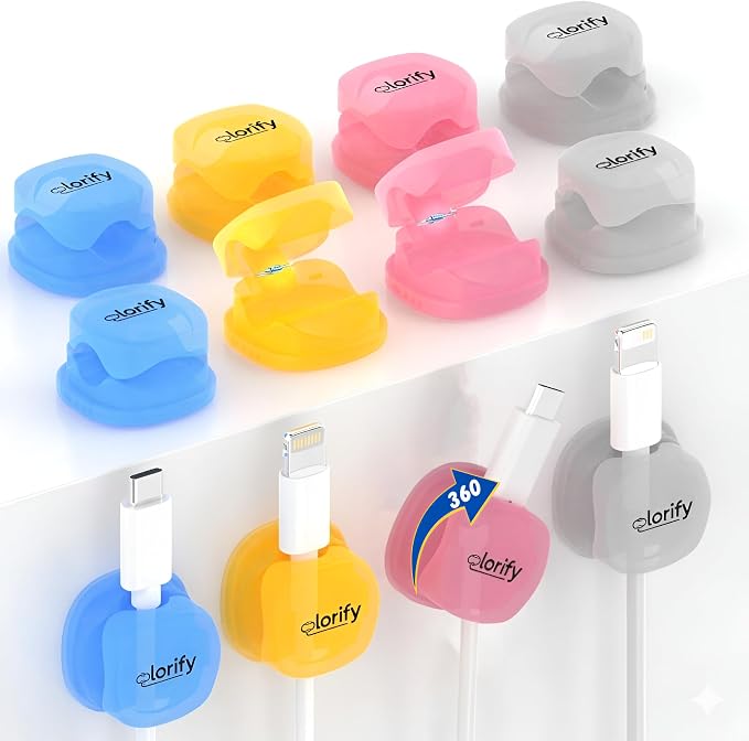12 Pack Rotatable Spring Cable Clips, Adhesive Cord Holders for Desk | Nightstand, Laptop, Phone Charging Clips & Car Cable Organizer for Home & Office (Multicolour)