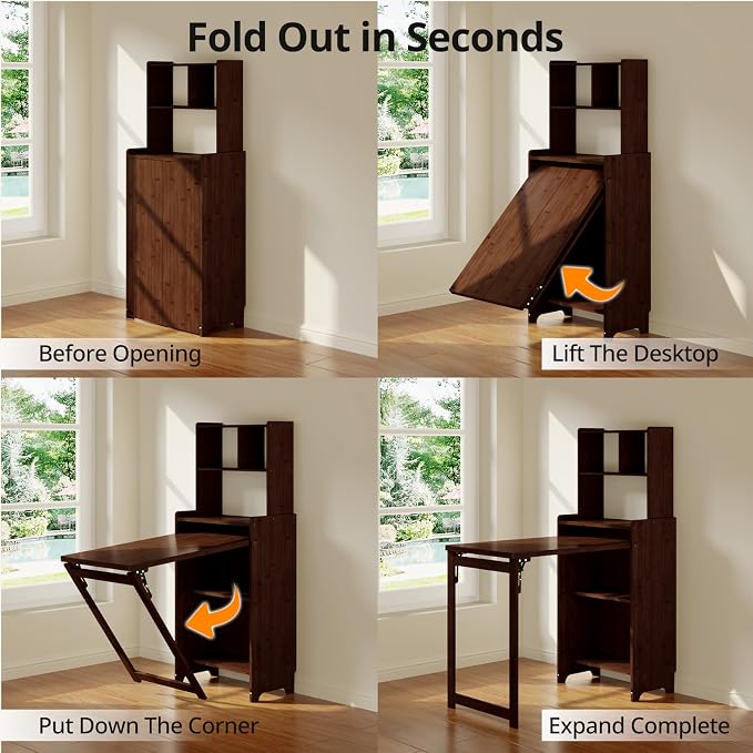 Bamboo Folding Desk with Bookshelf, Space-Saving Foldable Computer Desk with Storage Shelves for Small Spaces, Writing Study Table for Home Office, Bedroom, Dorm, Apartment, Brown