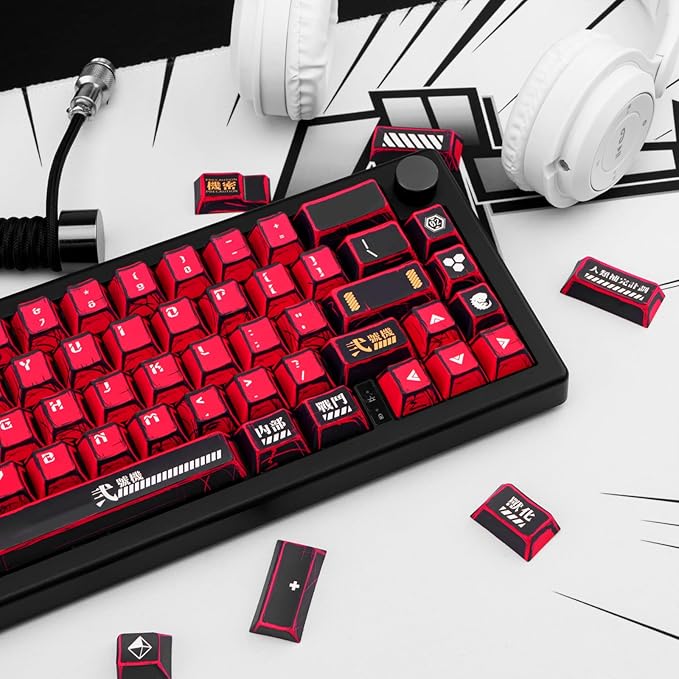 Red and Black PBT Keycaps Set 135 Keys Cherry Profile Manga Japanese Style Keycaps Cherry Mx Gaming Keyboard Keycap Set for ANSI Layout Mechanical Keyboard