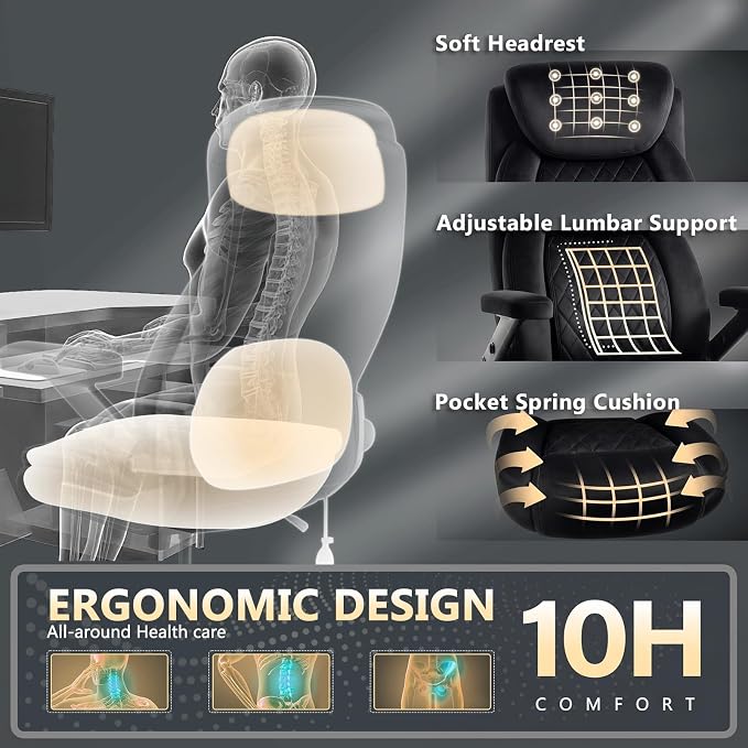 650LBS Big and Tall Office Chair with 5D Flip Arms and Thick Pocket Spring Cushion, Extra Wide Heavy Duty Office Chair & Adjustable Lumbar Support, Large High Back Computer Chair Dual Rubber Wheel