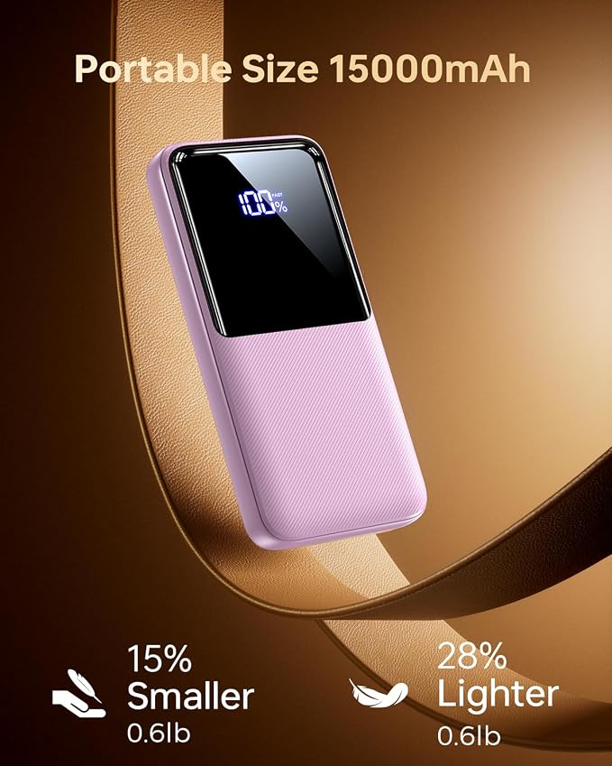 CFIAI Portable Charger Power Bank, 50% Larger Capacity 15000mAh Battery Pack with Built in Cable, 22.5W Fast Charging Travel Camping Essential for iPhone 17 16 Pro iPad Samsung S26 Google, Lavender