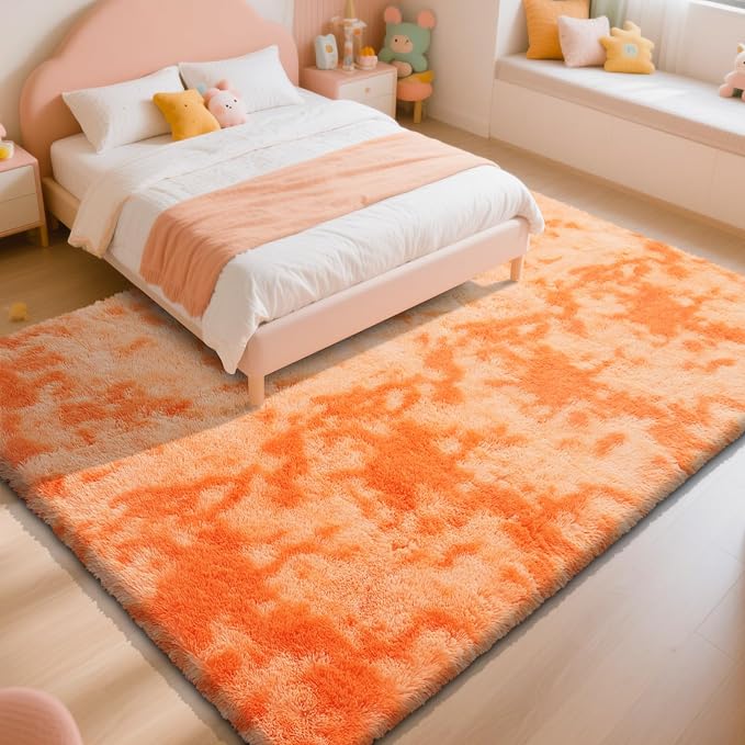 Mottling Orange Fluffy Rug Shag Area Rug, 8x10 Area Rugs for Girls Bedroom, Big Soft Shag Bedside Non-Slip Plush Dorm Carpet Home Decor Aesthetic