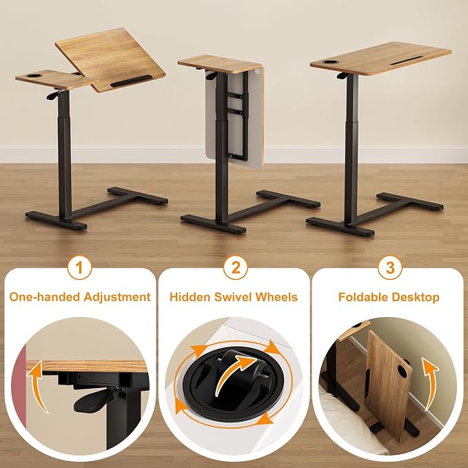 Ytaoka Height Adjustable Standing Desk with Wheels Foldable Standing Desk Mobile Tilting Laptop Desk Rolling Overbed Table for Home Office Bedroom Living Room
