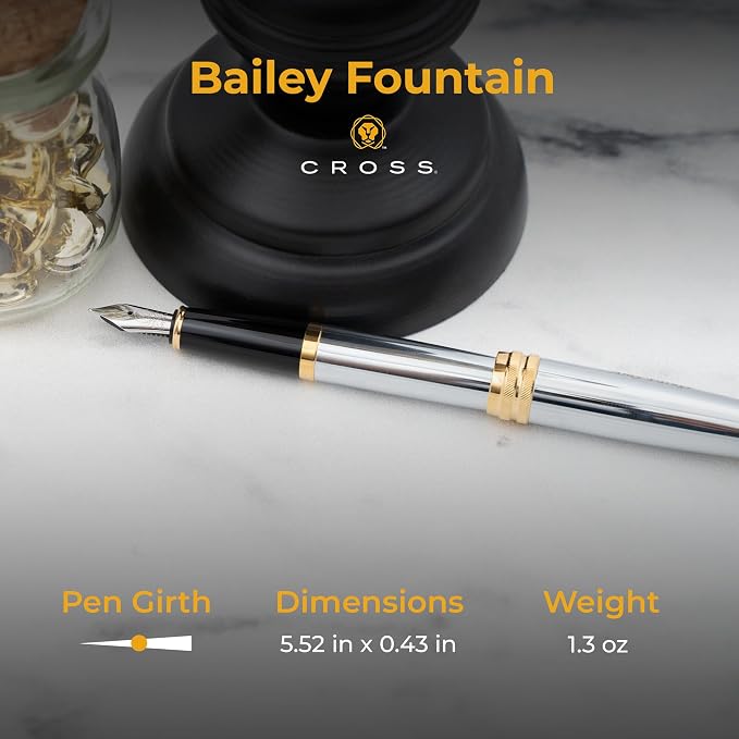 Cross Bailey Medalist Engraved Fountain Pen, Chrome with 23K Gold Trim, Stainless Steel Medium Nib, Personalized Gift for Graduation, Career Advancement, Retirement, Bar Passage, Cross Gift Box