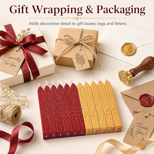 12 Pieces Sealing Wax Sticks with Wicks for Letter Sealing Stamp Wedding Invitations, Packaging Decoration (Red-Gold)