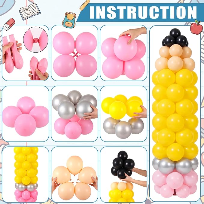 SmoothNovelty 193 Pcs Back to School Arch Backdrop Cover, 7.2 ft Notebook Arch Cover and Pencil Balloons Stand Kit Welcome Back Background Party Supplies Decor for First Day of School Kindergarten