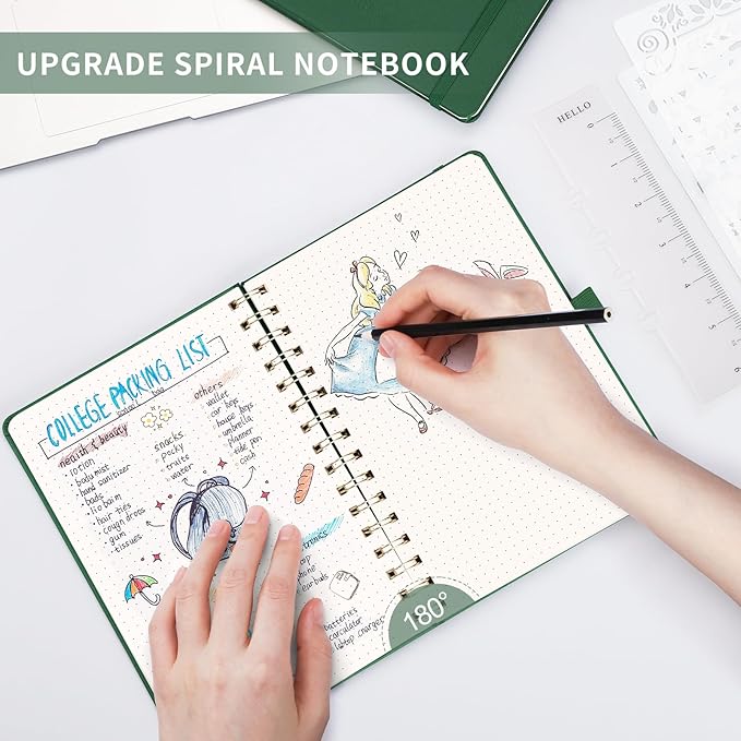 AHGXG Dotted Journal Spiral Notebook, Hardcover Leather Dotted Notebook 140 Pages, A5 Dot Grid Paper Notebook, 100 gsm Thick Paper, for Dotted Journaling, 5.7" x 8.3", Green
