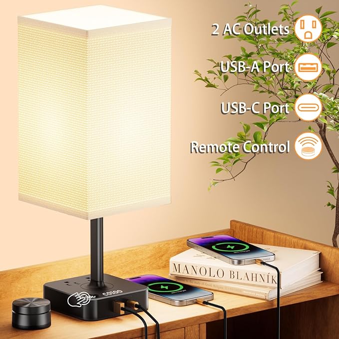 Bedside Table Lamps for Bedroom, 3 Way Dimmable + Remote Control Stepless Dimming Touch Lamps for Nightstand, USB A+C & AC Outlet Small Table Lamp for Living Room, Bed, Study, Include 9W Warm LED Bulb