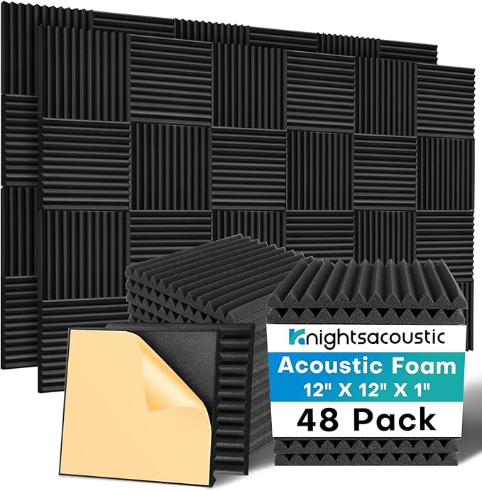 48 Pack Sound Proof Foam Panels for Walls with Self Adhesive, 12x12x1 Acoustic Foam Panels, High Density Acoustic Panels Sound Absorbing, Fire Resistant Studio Sound Proofing Black