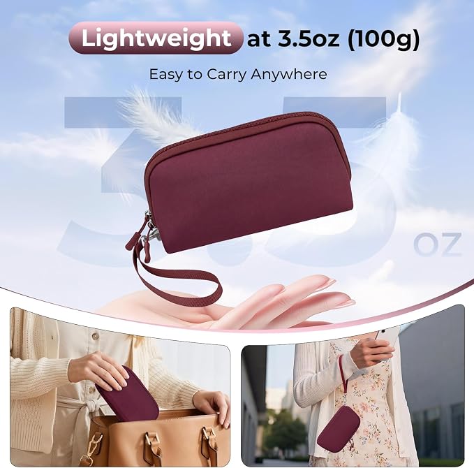 FYY Travel Cable Organizer - 8 Compartments Lightweight Water Resistant Tech Pouch with Wrist Strap, Electronic Accessories Case for Cord Charger Storage for Travel Home Office, Wine Red (Small)