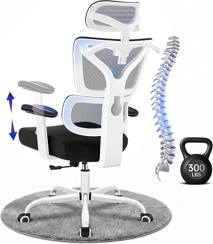Ergonomic Office Chair, High Back Mesh Computer Chair with Comfortable Adaptive Lumbar Support, Built-in Coat Hanger, SGS Class 4 Gas Lift, Heavy Duty 300lbs for Long Hours Home Office