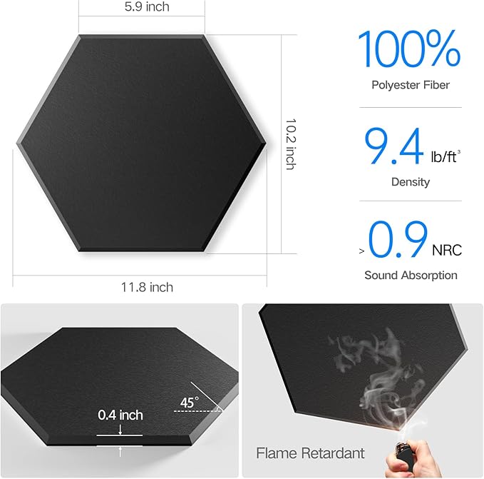 22 Pack Self-Adhesive Acoustic Panels 12" X 10" X 0.4" - Sound Proof Foam Panels with High Density, Hexagonal Design, Flame Resistant, Absorb Noise and Eliminate Echoes(Black)