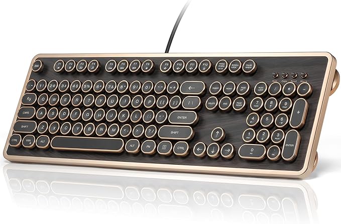 RK104 Retro Mechanical Keyboard, Wired Full-Size 104 Keys with Typewriter Round Keycaps, Wooden Grain, N-Key Rollover, Green Linear Switches, Ideal for Retro Lovers