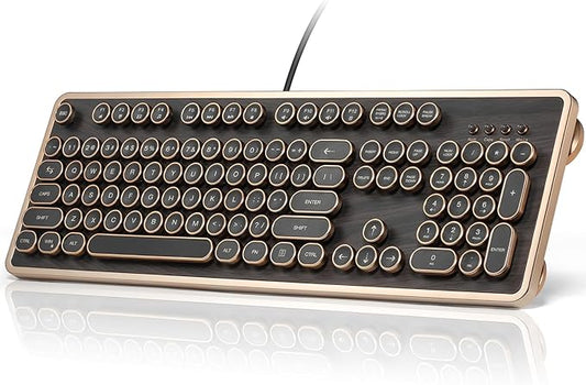 RK104 Retro Mechanical Keyboard, Wired Full-Size 104 Keys with Typewriter Round Keycaps, Wooden Grain, N-Key Rollover, Green Linear Switches, Ideal for Retro Lovers