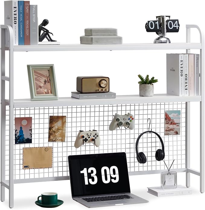 Desk Shelf, 45.3” Desktop Organizer Shelf with Grid Panel and Hooks, Desk Hutch for Computer Monitor, 2 Tier Desk Display Rack Wood Desktop Bookshelf Storage for Home Office Dorm