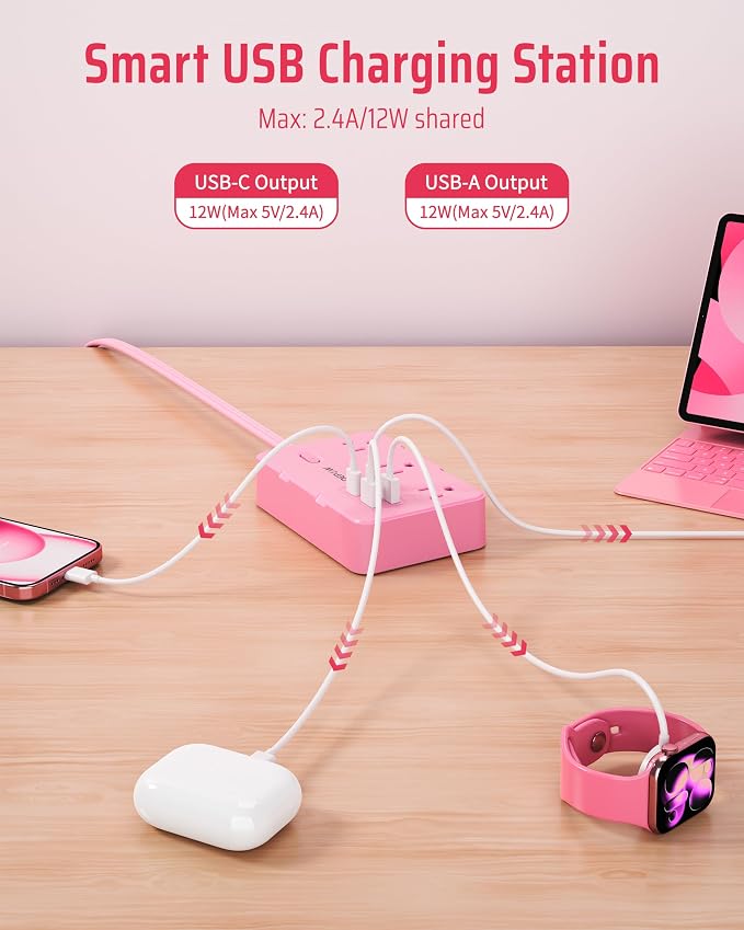 DEPOW Pink Power Strip, 5FT Extension Cord with 6 AC Outlets（1625W/13A 4 USB Ports (2 USB C), 1050J Surge Protector, Flat Plug Wall Mountable Charging Station for Dorm Room Desk Bedroom Kawaii Decor