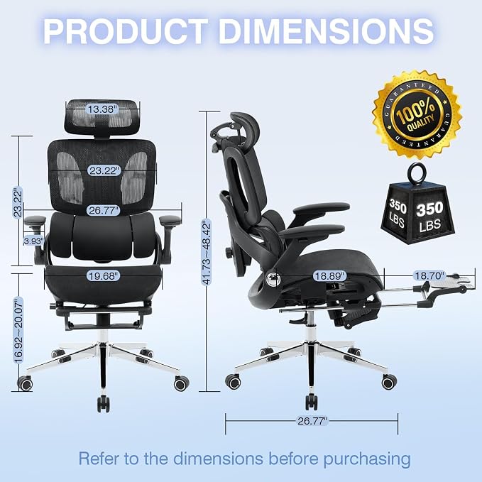 Ergonomic Mesh Office Chair with Footrest, High Back Desk Chair with 4D Armrests, 3-Zone Dynamic Lumbar Support, Ergonomic Office Chair with Wheels (Black)