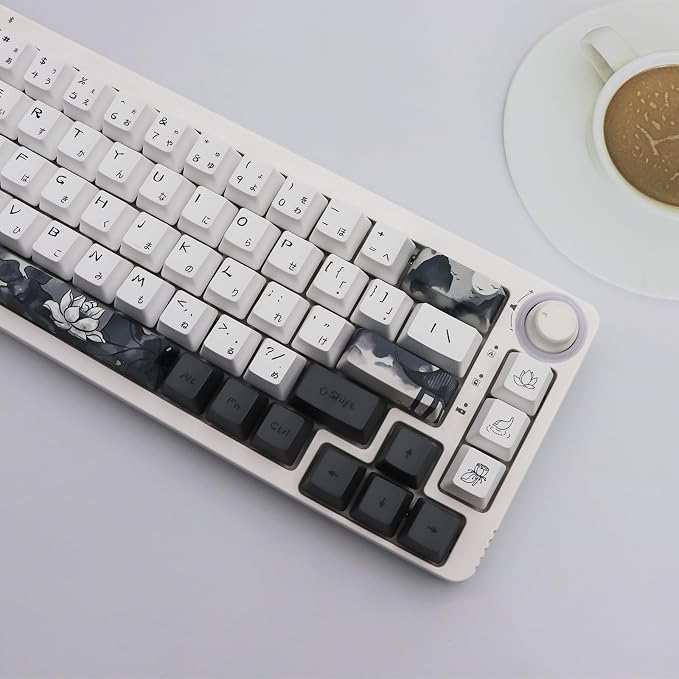 JSJT Ink Lotus Keycaps OEM Profile Japanese Keycaps 140 Keys PBT Dye Sublimation Custom Keycap Suitable for GK61/64/68/84/87/96/98 Cherry MX Switches ANSI/ISO Layout Mechanical Keyboards