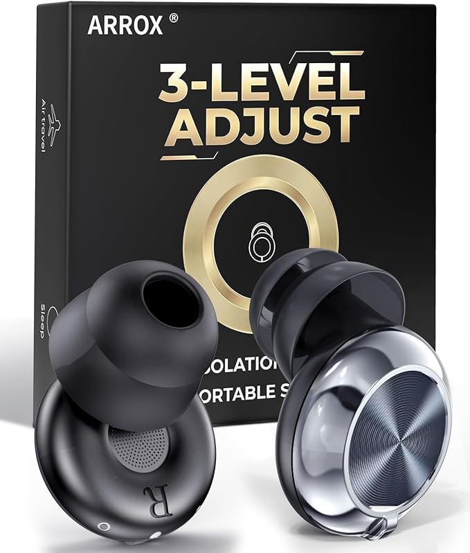 ARROX Adjustable Ear Plugs for Sleeping, 3 Noise Relief Modes (13-45 dB), Double-Layer Ultra-Soft Silicone Earplugs, Reusable Ear Plugs for Concerts, Deep Focus, Side Sleepers & Travel, 4 Size Eartip
