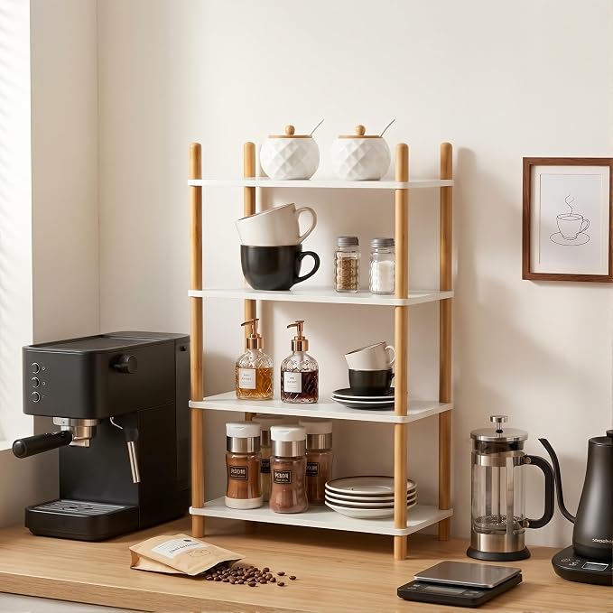 4-Tier Bamboo Coffee Bar Organizer,Coffee Bar Accessories, Mul-tifunctional Wooden Beaded Coffee Station Countertop Stand Shelf for Kitchen Home Office,Counter Riser Display Shelf for Top of Desk Home