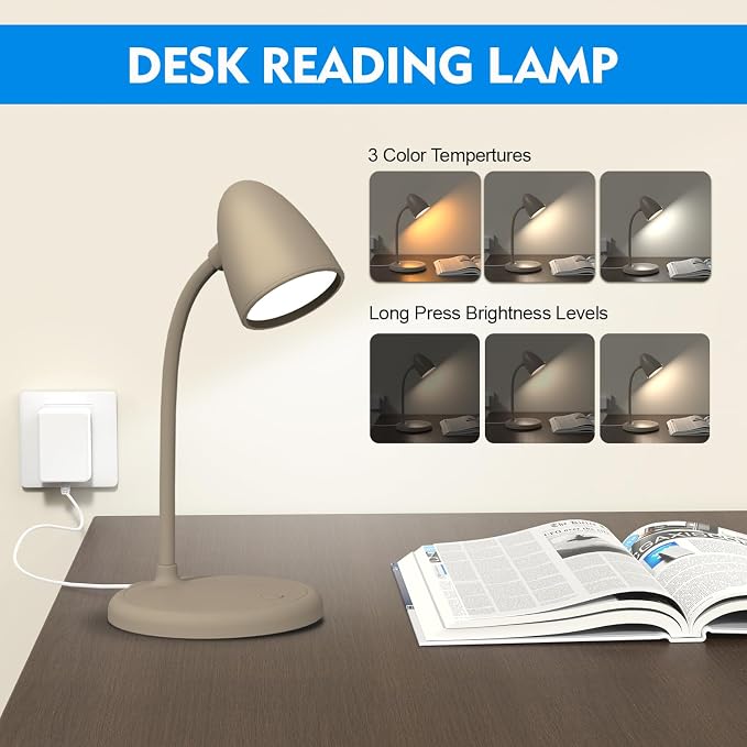LED Desk Lamp for Home Office,3 Light Colors,Table Lamp,Dimmable Reading Light for Bedside Small Desk Lamp for College Dorm Room,Bedroom Desk Light,Brown