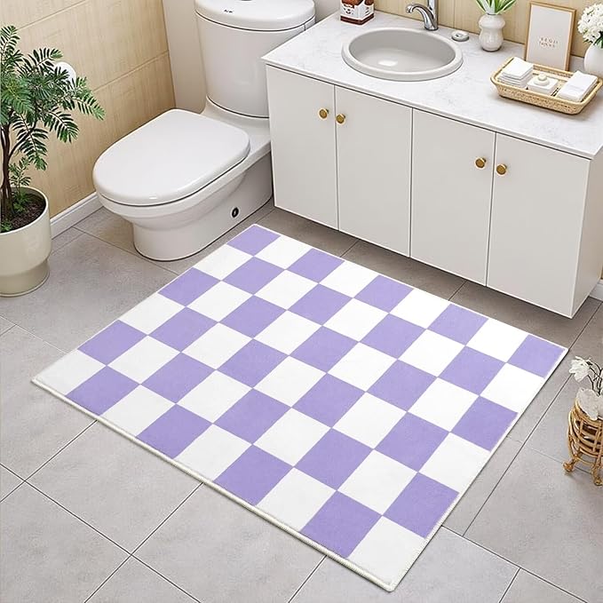 Terrug Purple and White Checkered Rug for Entryway,2x3 Small Area Rugs Washable with Non Slip for Kitchen,Soft Low Pile Retro Carpet for Bedroom Front Door Porch