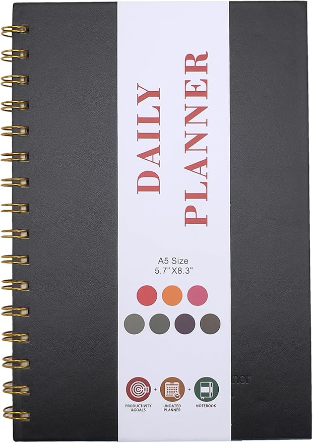 Daily Planner Notebook Spiral To Do List Notepad Undated Planner with Sticky Tabs and Interior Pockets 5.9" x 8.3",140 Pages Easily Manage Your Tasks and Productivity (1pcs Black)