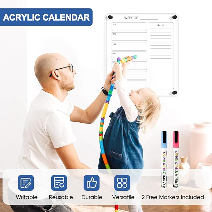 Acrylic Calendar for Wall Whiteboard, 14" x 12" Weekly Clear Dry Erase Board, Small Planning Board White Board for Wall, Home, Office, School, 2 Markers