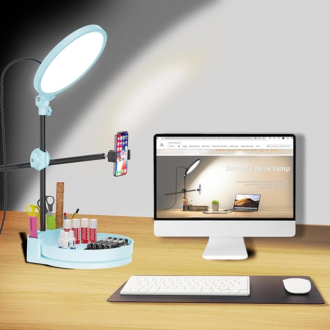 Selfie Light Kit for Desk and Laptop,55W Dimmable Full Screen Ring Light,with Rotating Storage Box,Pen Holder Stand,Phone Holder and Controller (Ice Blue, 10.5)