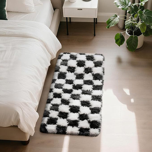 Checkered Rug for Bedroom, 2x4 Black and White Area Rugs, Classic Checkered Carpets Shag Area Rug, Bedside Rugs for Living Room Bedroom Room Home Decor