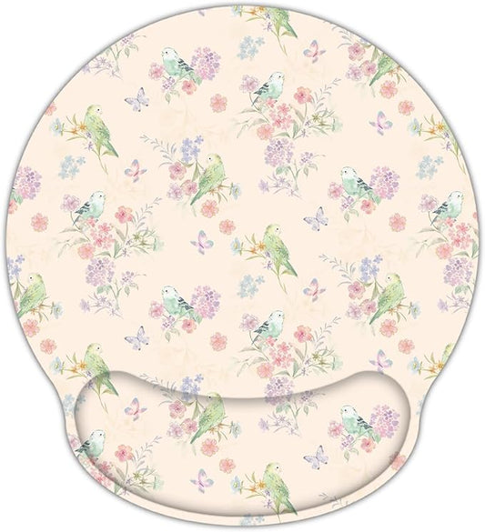 Ergonomic Mouse Pad with Wrist Support,Non-Slip Rubber Base for Computer Laptop & Mac,Lightweight Rest for Home,Office & Travel (Pink Flowers Birds)