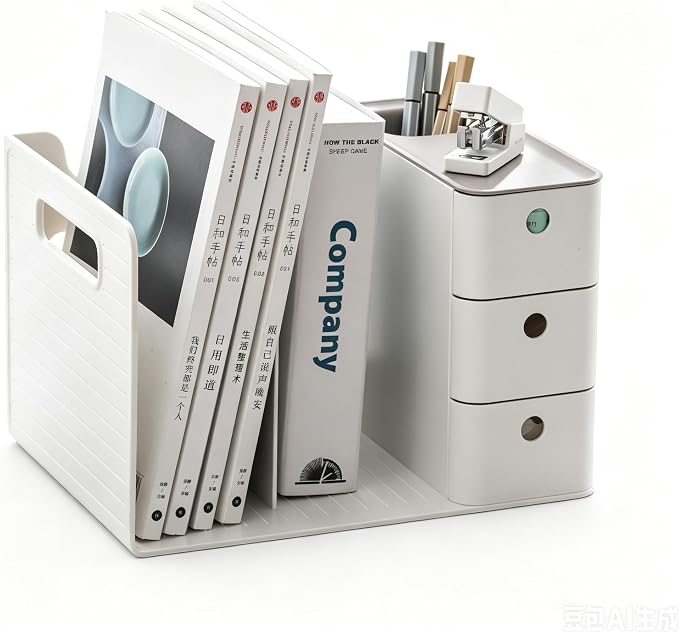 White Plastic Desktop Organizer with File slots,3-tier Drawers with Pen Holder,Book Stand for Office Supplies and Desk Accessories (White+Grey)
