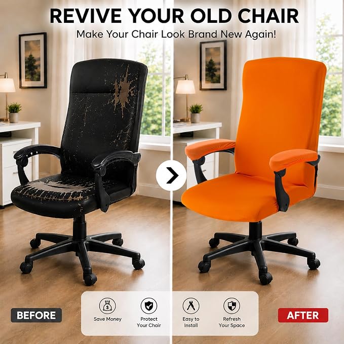 Stretch Computer Office Chair Cover with Armrest Covers Durable Zipper Universal Washable Removable Spandex Rotating Boss Chair Slipcovers Anti-dust Soft Desk Chair Seat Protector, Orange