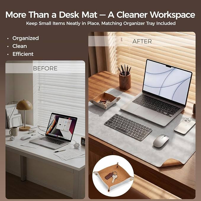 Premium Faux Leather Desk Mat & Tray Set，Innovative Cork-Look Printed Base，Gift Tube Packaging，Full-Desk Coverage，Non-Slip Desk Pad for Office Home（Mist Gray）