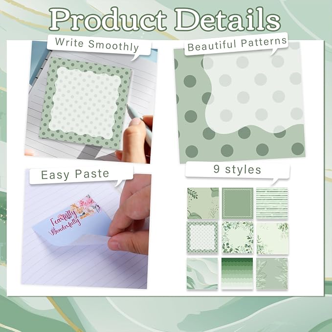 Aesthetic Sticky Notes Gifts, 9 Pack Green Aesthetic Notepads 3x3 Inch Gifts for Coworkers Students, Sage Green Memo Pads Office School Supplies for Men Women (450 Sheets)