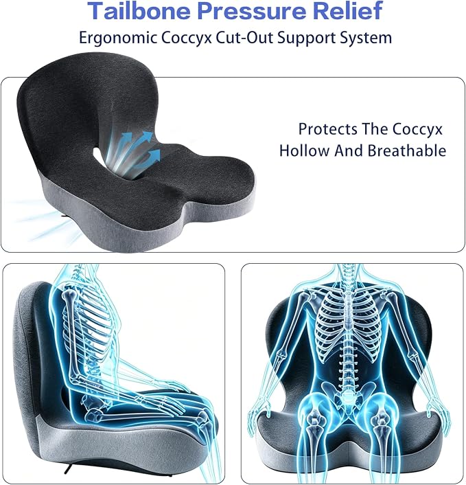 Back and Seat Cushion for Office Chair | Wide ergonomic memory foam, coccyx cutout & adjustable straps, tailbone & back relief, non-slip for car, home & gaming