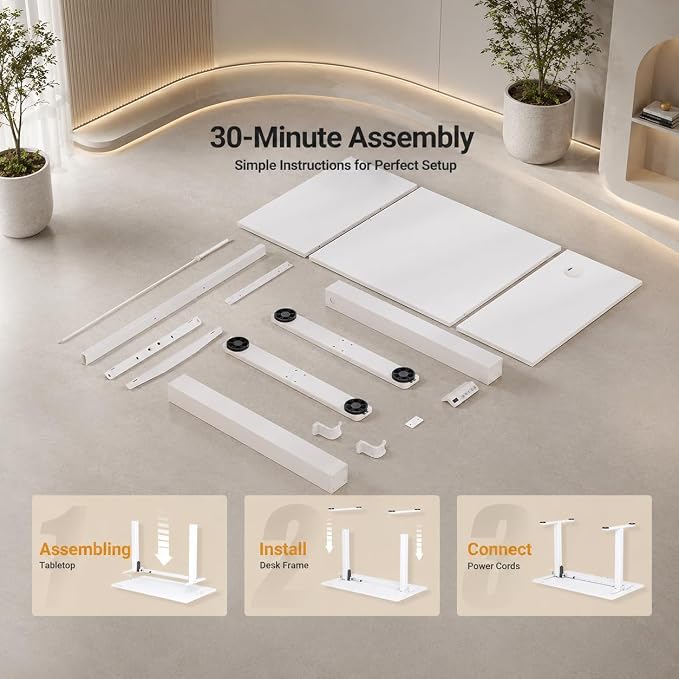 Claiks 48 x 24 Inch White Electric Standing Desk | Adjustable Height, Sit Stand, 3 Memory Presets, Cable Management, Spacious Ergonomic, Home Office & Bedroom