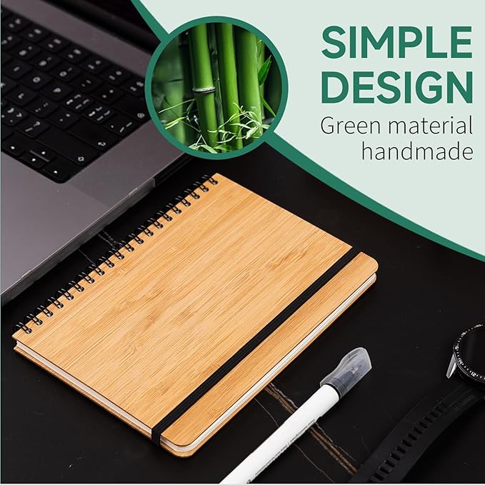 4 Packs Lined Bamboo Notebook Journals, Wooden Notebooks 80 Pages, 5" * 7" Hardcover Notebook College Thick Paper Notebook, Journaling Notebook for Work Women Men School