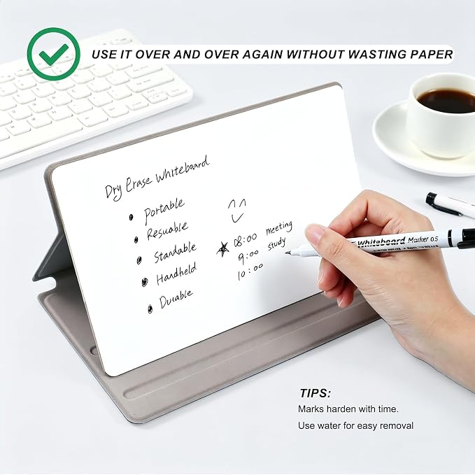 Portable Small Dry Erase Board with Stand, Reusable White Board Handheld Whiteboard Dry Erase Notebook, Standable Desktop Notepad, Home Office Study Essentials-PU Cover Writing Board 9.5" x 6.6"-Gray