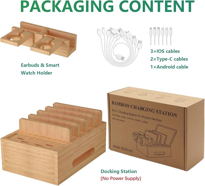 Bamboo Charging Station for Multiple Devices, Desktop Organizer Docking Station, Natural Bamboo Desk Storage Stand for Phone, Tablet, Earbuds, Smart Watch (Power Adapter Not Included)