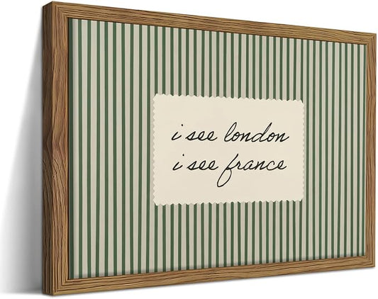 Vintage Quote Wall Art, I See London I See France Funny Bathroom Wall Decor Painting, Minimalist Green Striped Canvas Print Picture for Bathroom Bedroom Living Room 16x24 Inch Framed