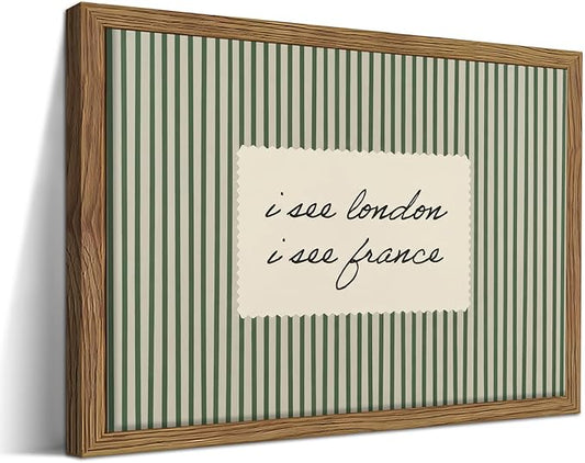 Vintage Quote Wall Art, I See London I See France Funny Bathroom Wall Decor Painting, Minimalist Green Striped Canvas Print Picture for Bathroom Bedroom Living Room 12x16 Inch Framed