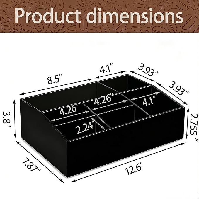 Coffee Bar Accessories, Acrylic Coffee Station Organizer Storage Box | Black Coffee Station Accessories with Removable Dividers for Pod Condiment Syrup Cup Stirrer Tea Bag, Farmhouse Table Decor