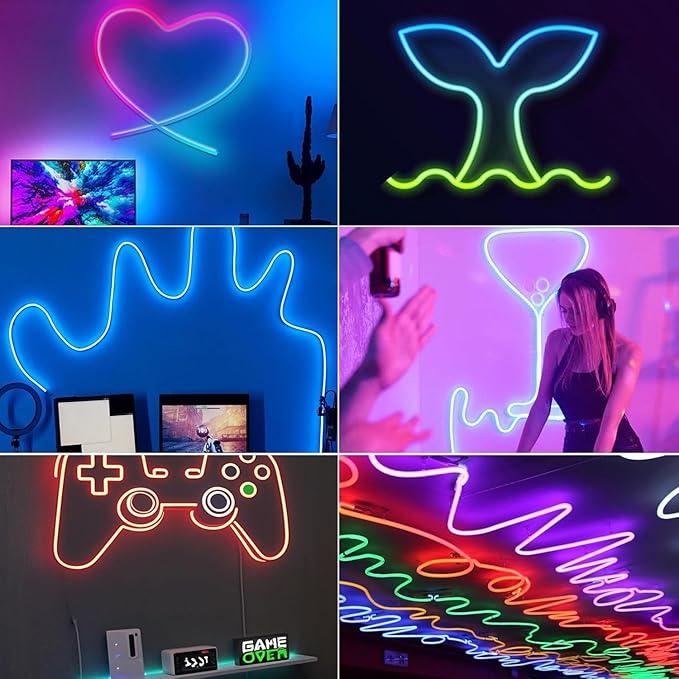 RGBIC Neon Rope Lights, Smart LED Neon Rope Lights with Remote APP Control，Music Sync, Custom DIY Neon Strip Lights for Gaming Room and Wall Decor, Secure Mounting Clips, 32.8ft