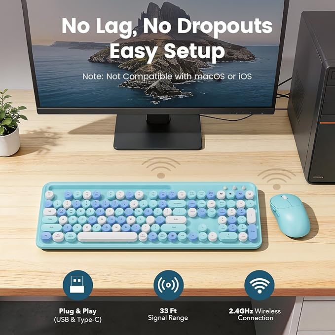 Wireless Keyboard and Mouse Combo, Retro Round Keycaps, Full-Size Stylish Typewriter Keyboard with Phone/Tablet Holder, Ergonomic Mouse with 3-Level DPI, 2.4GHz Connection for Windows/PC (Ice Blue)