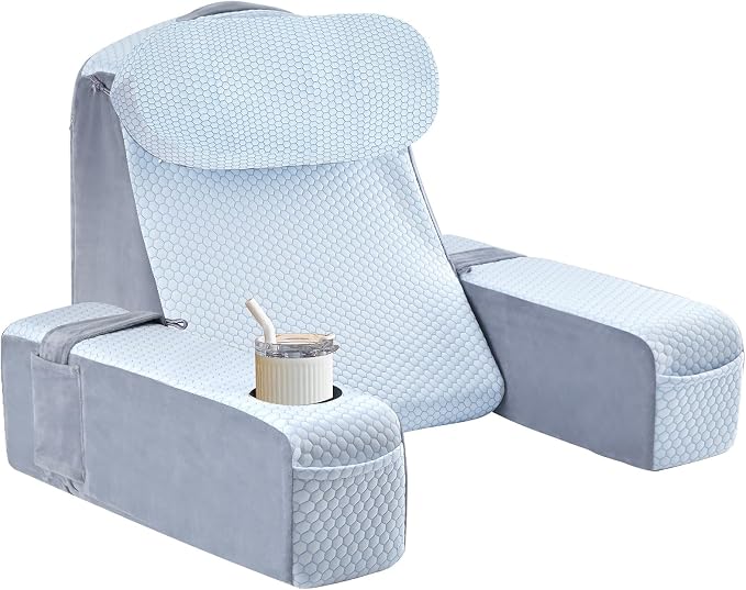 Reading Pillow for Adults, Back Pillow for Bed Sitting Up, Backrest Pillow for Sitting in Bed, Detachable Arms with Built-in Cup & Phone Caddy (White Cooling - Polka, 21 INCH)