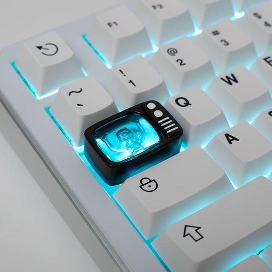 Retro TV Artisan Keycap, Transparent Turquoise Resin, 1.5U Size, Hand-Painted 3D Printed Design, Compatible with MX Switches, for Tab and Backslash Keys
